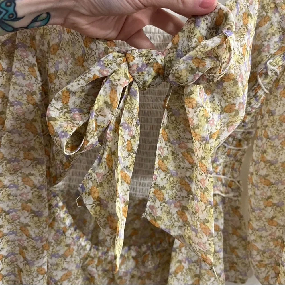 ASTR The Label Light Floral Smocked Square Neck + Tie Back Blouse
